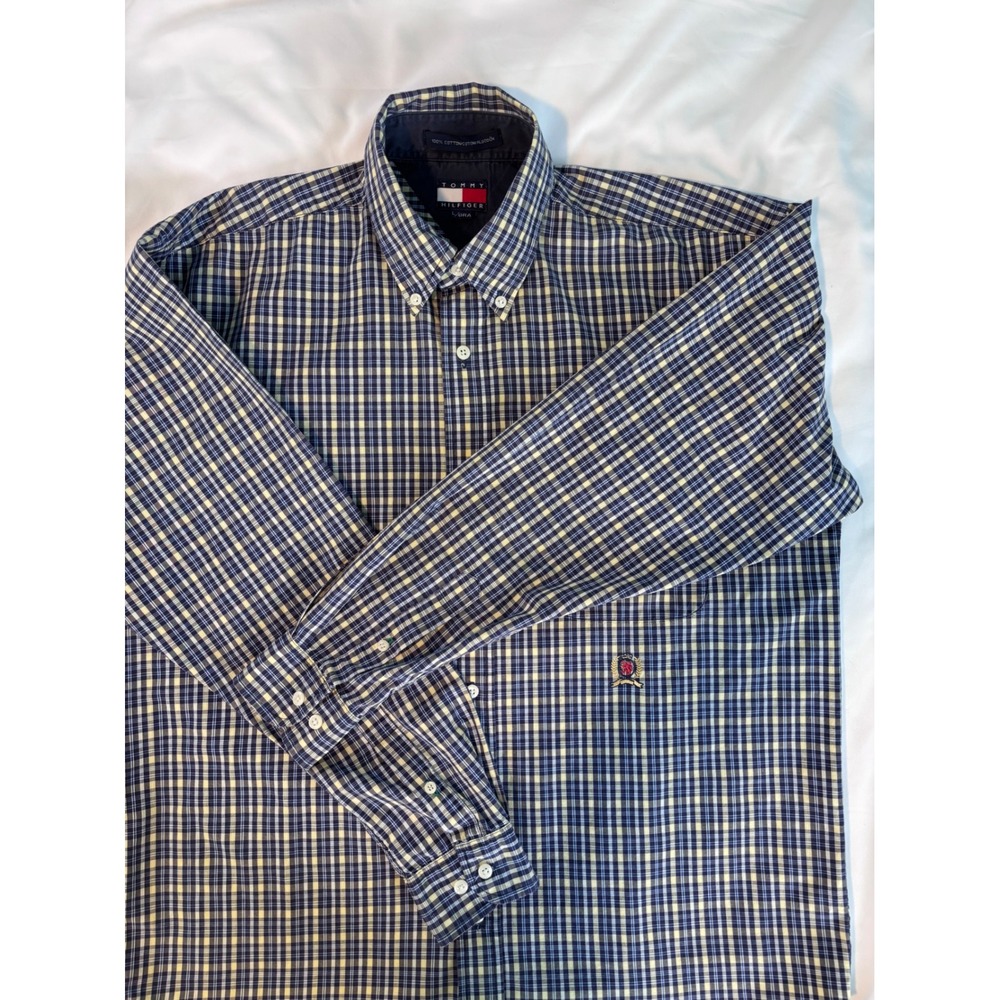 Tommy Hilfiger Mens Large Plaid Button Down Shirt Navy Yellow Crest Logo Cotton